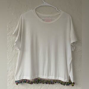 ban.do white scoop neck classic t-shirt, 100% cotton, pompoms, multicolor; M